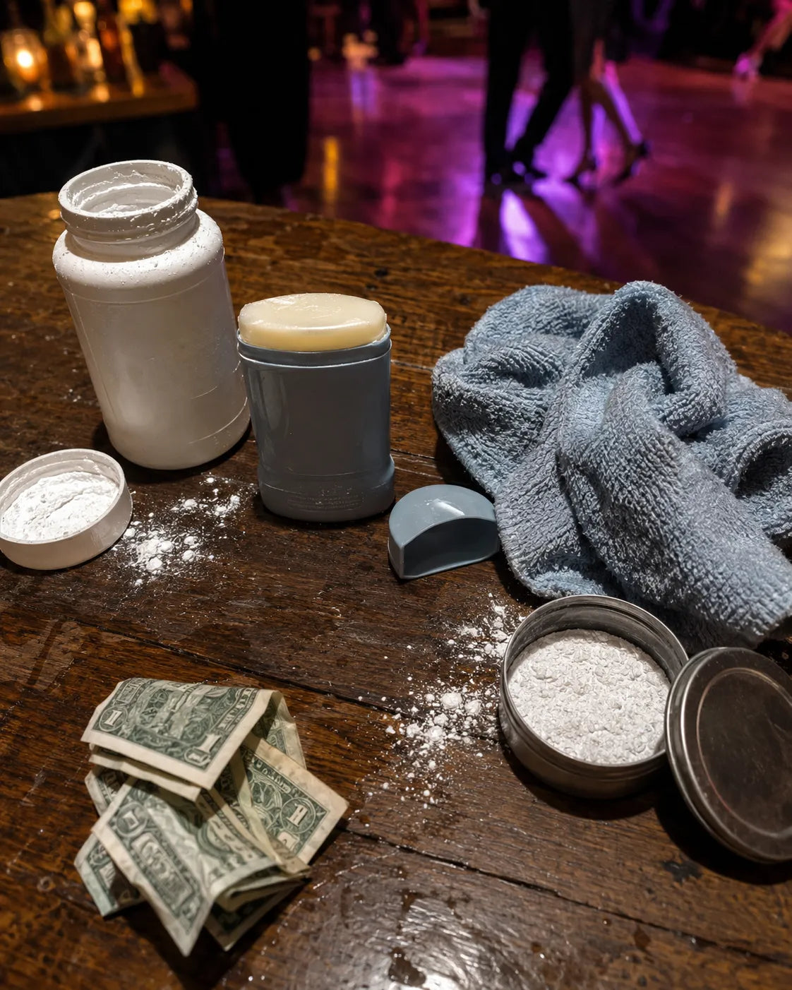 chalk, deodorant, towel and rosin dumped out of a dance bag